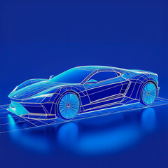 Naklejka premium Abstract polygonal 3D wireframe of modern car vector illustration on technological blue background.