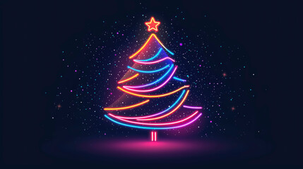 Flat vector illustration. Colorful neon Christmas tree illuminated against a dark background, capturing the festive spirit of the holiday season with vibrant lights and a star on top