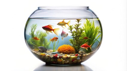 A round aquarium filled with clear water is placed on a white background creating a fisheye effect, beauty, glass tank, transparent, fishkeeping, fisheye, aquatic life, round shape