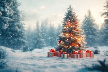 Beautiful decorated christmas tree with present boxes in a winter landscape with snow