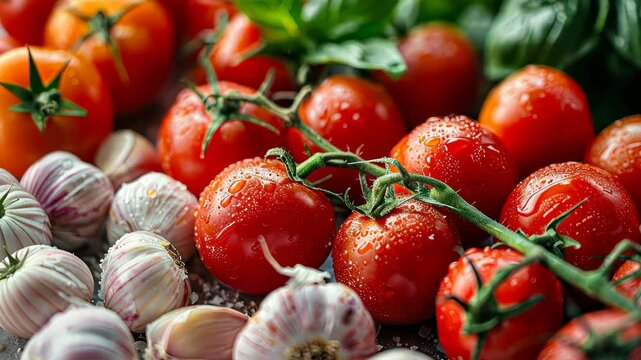 Fresh Italian ingredients preparation with tomatoes, basil, and garlic for authentic recipes