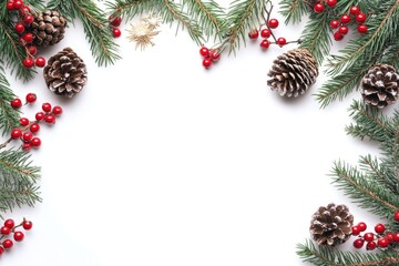 Christmas border with tree branches  red berries  pine cones.