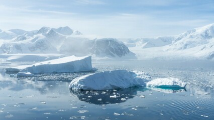 A breathtaking view of the icy, desolate landscape of Antarctica, with icebergs floating on the horizon