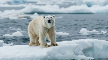 white polar bear on ice sheet in the sea