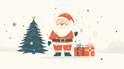 Santa Claus stands beside a decorated Christmas tree and colorful presents in a snowy landscape, spreading holiday cheer during the festive season