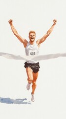 Obraz premium A victorious runner crosses the finish line, celebrating a triumphant win with raised arms and a joyful expression. watercolor style.
