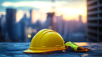 Yellow hard hat and safety vest lying on a construction site with a blurred cityscape background, emphasizing the importance of safety services on site.