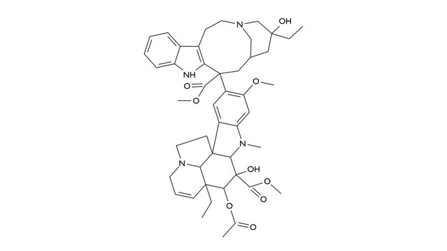 vinblastine molecule, structural chemical formula, ball-and-stick model, isolated image antineoplastic agents
