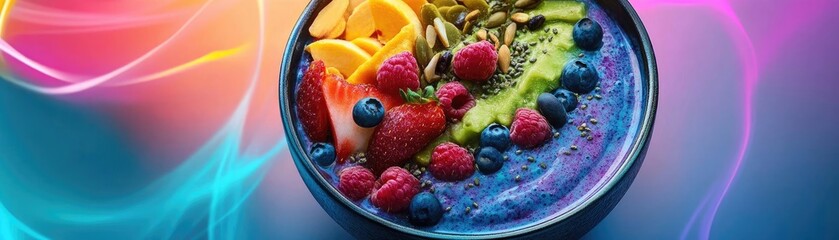 Vibrant smoothie bowl topped with fresh fruits, seeds, and nuts, ideal for healthy eating and colorful breakfast ideas.
