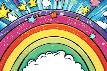Fototapeta premium Bright rainbow-colored stripes curve over a starry sky with small stars scattered across the dark blue background