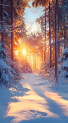 A panoramic view of an enchanted winter forest at sunset, with tall trees covered in snow and the warm glow of sunlight filtering through them