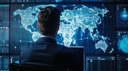 A businessman analyzing global data on a digital screen. Future technology and analytics concept in a modern office setting.