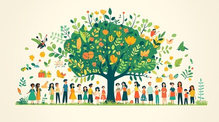 Fototapeta premium An illustration of a diverse group of people holding hands around a blooming tree, symbolizing unity, growth, and environmental harmony.