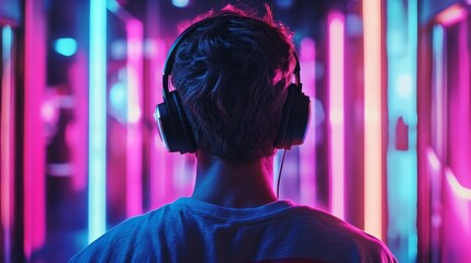 Fototapeta premium A person enjoying music in a vibrant, neon-lit environment, wearing headphones and immersed in sound.