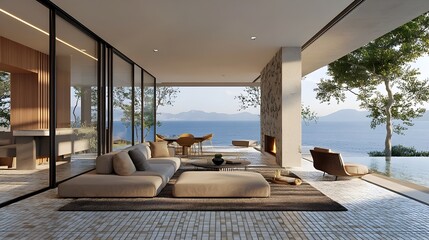 Luxurious Modern Living Room with Panoramic Lake and Nature Views