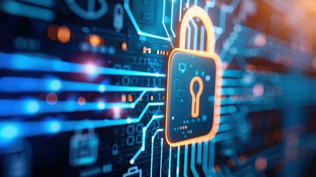 A digital lock symbolizing cybersecurity and protection of data amidst an intricate circuit background.