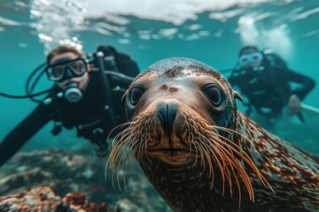 Fototapeta premium A fascinating underwater scene featuring a sea lion near a coral reef, with a diver in the background observing the gentle creature, capturing the beauty of underwater exploration.