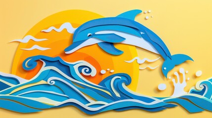 Fototapeta premium Paper cut art of a dolphin jumping out of the water in front of a sunset.