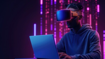 A person wearing a VR headset, focused on a laptop, amidst colorful digital lights representing a virtual environment.