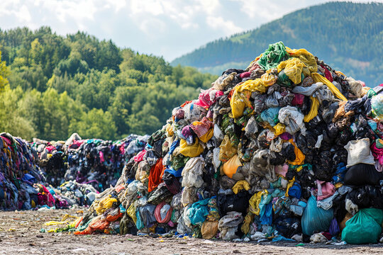 waste pile large pollution heap fashion industry trash in nature landscape garbage stack of cloth industrial pollution awareness global pollution