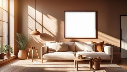 cozy living room in brown color tone with blank white wall painting frame