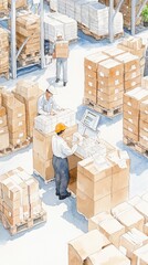Busy warehouse scene with workers organizing shipment boxes and using a computer for inventory management. watercolor style.