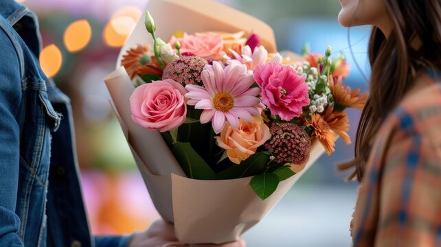A vibrant bouquet of mixed flowers presented as a heartfelt gift, capturing a moment of joy and celebration.