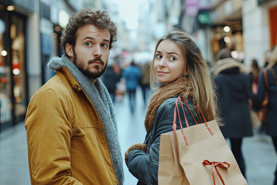 Bored man shopping with his girlfriend in a commercial street - Powered by Adobe