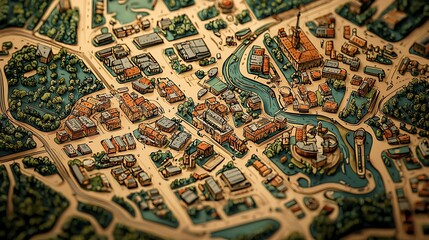 Fototapeta premium A hand-drawn map of a town featuring buildings, trees, and a winding river, offering a charming and detailed illustration.
