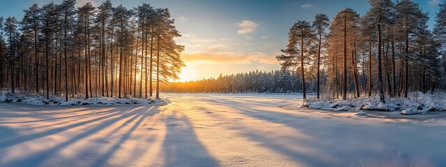 A panoramic view of an enchanted winter forest at sunset, with tall trees covered in snow and the warm glow of sunlight filtering through them