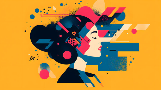 Young woman&rsquo;s brain exploding information to social media. style geometric minimalism with bright colors, abstract illustration of a young woman's brain exploding .