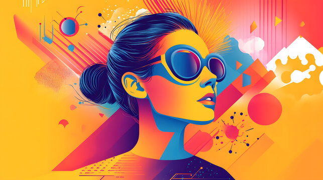 Young woman&rsquo;s brain exploding information to social media. style geometric minimalism with bright colors, abstract illustration of a young woman's brain exploding .