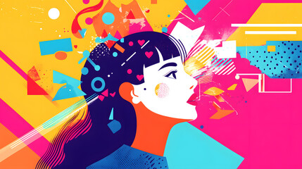Young woman&rsquo;s brain exploding information to social media. style geometric minimalism with bright colors, abstract illustration of a young woman's brain exploding .