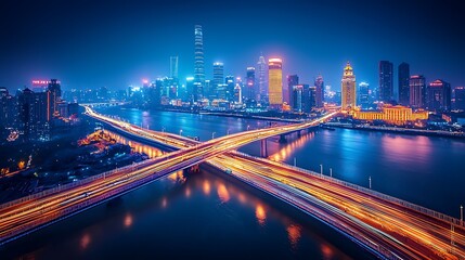 Fototapeta premium A modern cityscape at night with bridges and traffic lights, showcasing the vibrant energy of urban life after dark.