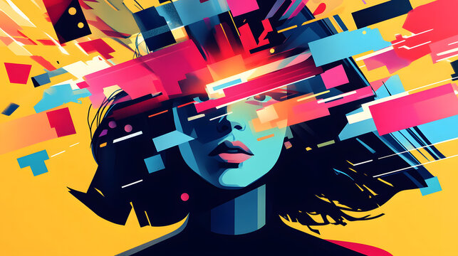 Young woman&rsquo;s brain exploding information to social media. style geometric minimalism with bright colors, abstract illustration of a young woman's brain exploding .