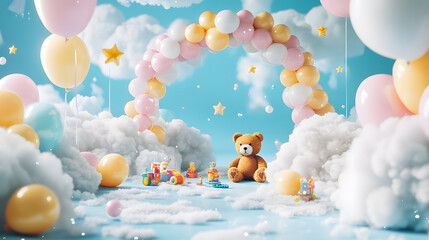 Arch takes center stage, adorned with pastel balloons drifting amidst fluffy clouds and twinkling stars. Scatter big kids toys and decorative clouds on the floor, and place a cheerful teddy bear