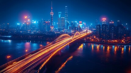 Obraz premium A night cityscape of Shanghai with a glowing bridge and busy traffic lights, capturing the dynamic essence of the city at night.