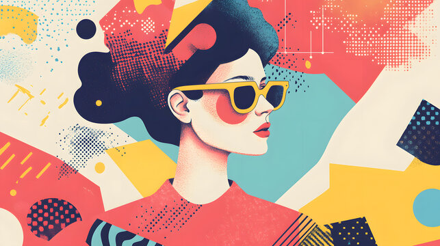 Young woman&rsquo;s brain exploding information to social media. style geometric minimalism with bright colors, abstract illustration of a young woman's brain exploding .
