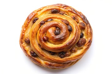 Fototapeta premium Raisin danish pastry isolated on white background Bird s Eye View, flaky, delicious, food, breakfast, puff pastry, pastry, dessert, sweet, raisin, treat, baked, close-up, indulgent