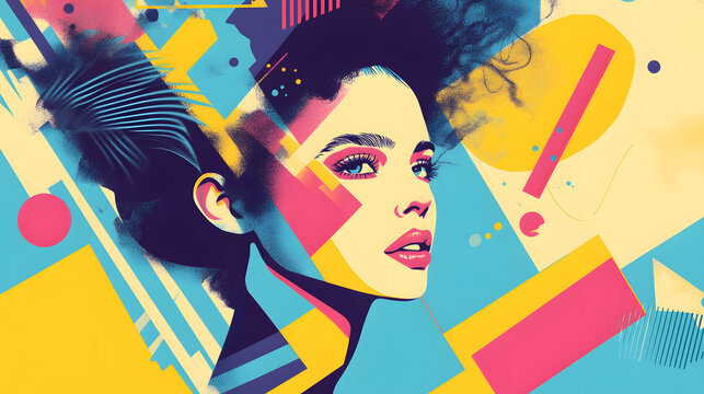 Young woman&rsquo;s brain exploding information to social media. style geometric minimalism with bright colors, abstract illustration of a young woman's brain exploding .