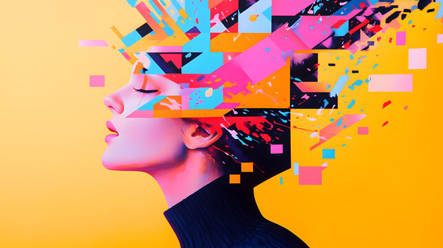 Young woman&rsquo;s brain exploding information to social media. style geometric minimalism with bright colors, abstract illustration of a young woman's brain exploding .