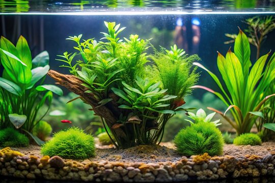 aquatic plants, nature-inspired, A close up view of a beautifully arranged planted freshwater aquarium with lush Java Fern plants creating a serene and minimalist aquascape