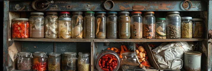 A beautifully detailed image showcasing a rustic pantry cabinet with an array of jars filled with various preserved foods and spices, displaying an appealing vintage aesthetic