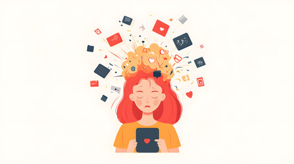  Minimalist UI illustration of a young woman’s head bursting open social media information overload. The flat vector design is set on a white background, creating.