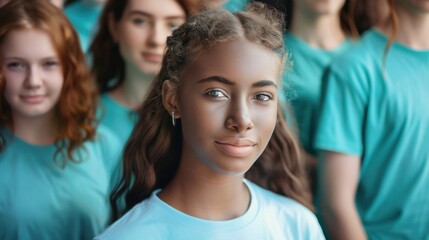 Obraz premium Diverse Multiracial Group of Smiling Teenagers In Blue T-Shirts Lined Up in Natural Light Setting. Generative ai