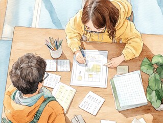 Two students collaborate at a wooden table, focusing on charts and notes while enjoying a bright learning environment. watercolor style.