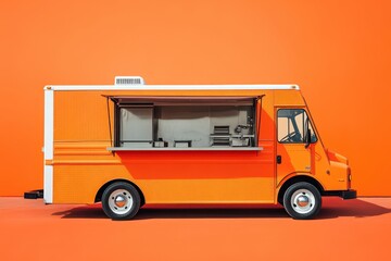 A vibrant orange food truck with an open serving window against a bright orange background.