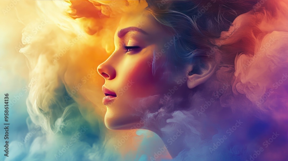 Canvas Prints Woman's Profile with Abstract Colorful Smoke