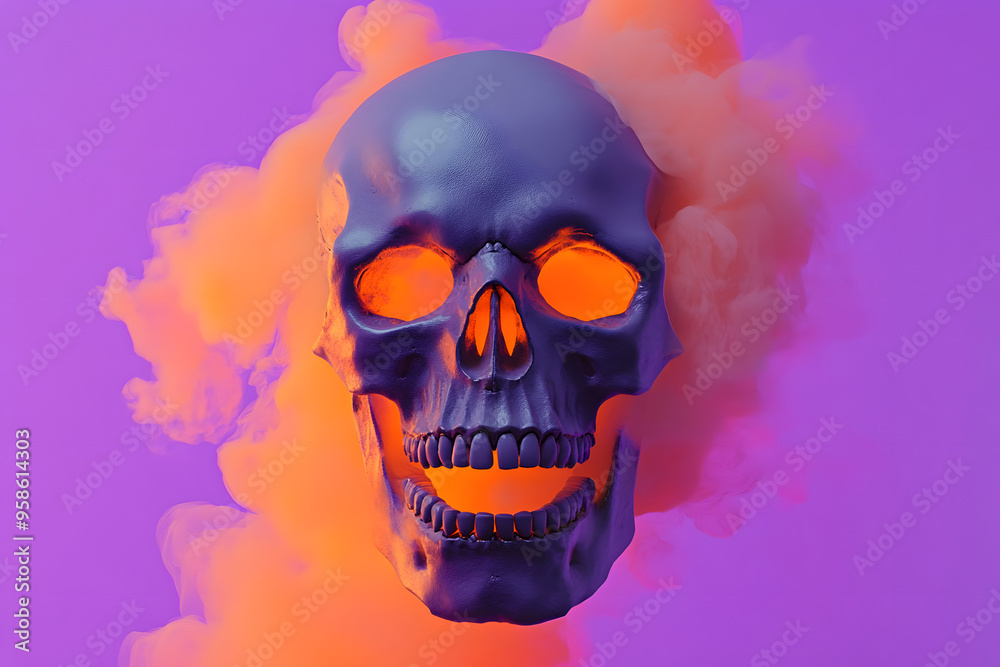 Sticker skull on a solid purple background, orange smoke goes through the eyes of the skull modern Halloween poster