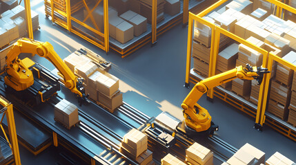 Isometric perspective of a group of yellow robot arms at a loading dock,  3D. The image, influenced  shows a dynamic warehouse with packages on shelves.